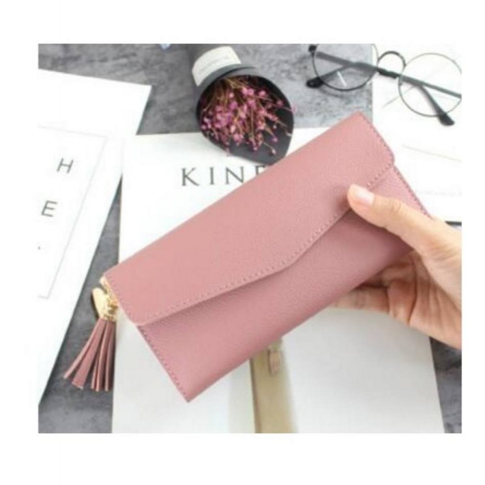 PU Leather Solid Long Stylish Slim Tassel 3 fold Wallet For Women